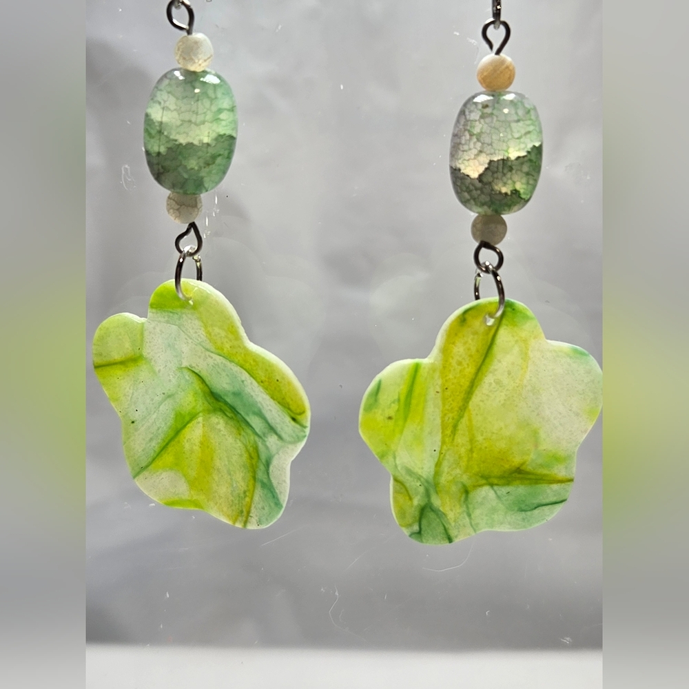 #B228- Elegant Handmade Green Floral Drop Earrings with Glass Beads - Picture 3 of 5